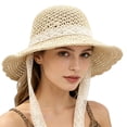 thumbnail image 2 of Hollow Lace Wide Brim Hat, Lace Tie Sun Cap, Straw Beach Headwear, Women Elegant Breathable Foldable Hat for Seaside Vacation Outing Summer Sun Protection Trendy Floral Decor Casual Cap,Beige, 2 of 9