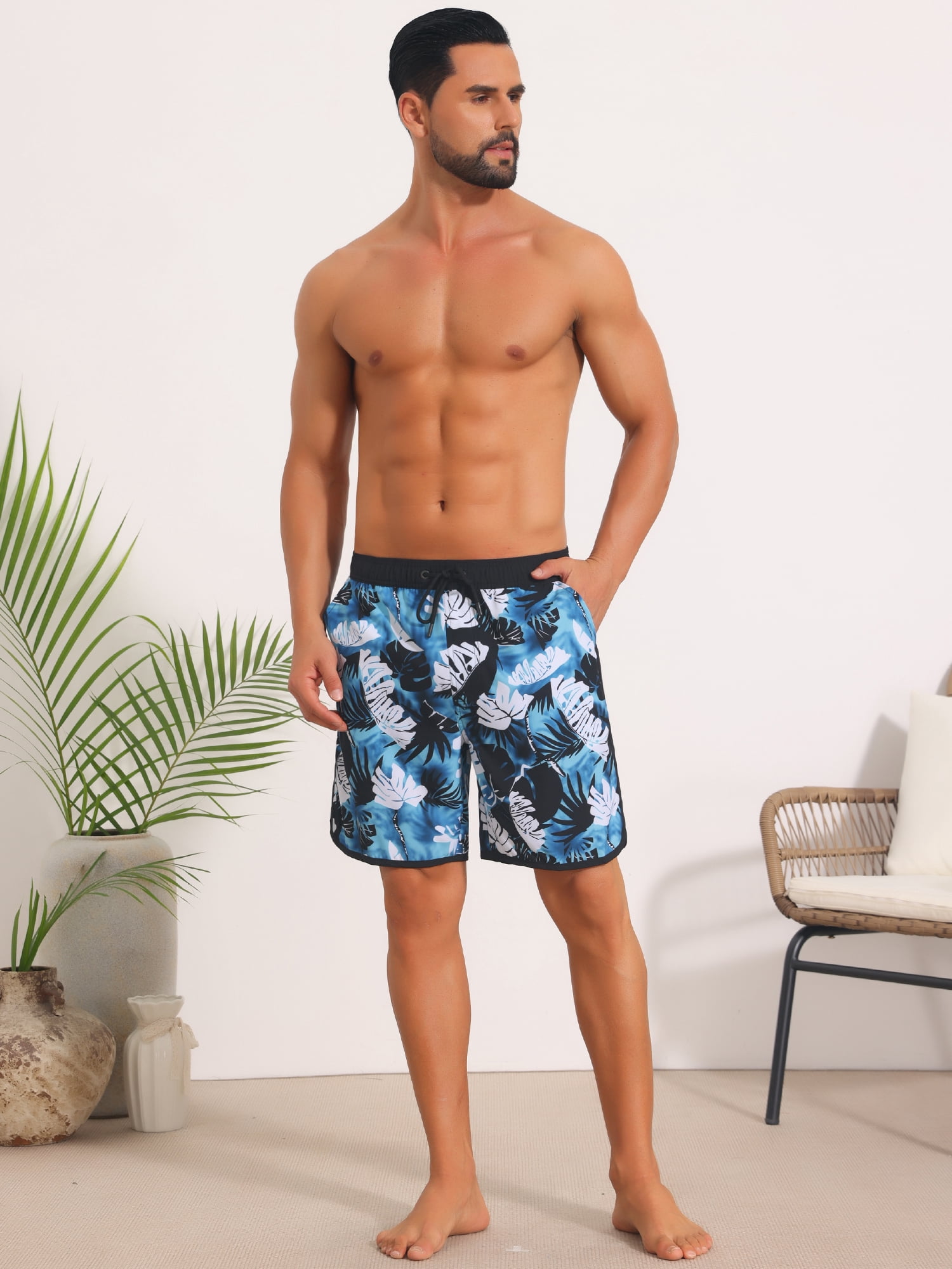 DARING DIVA Men's Swimming Elastic Liner Drawstring Beach Shorts with Pocket 38 Blue White