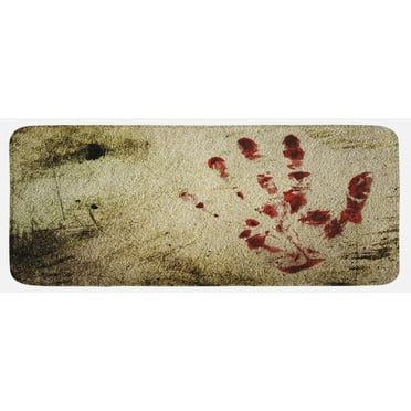 Horror House Kitchen Mat, Grunge Dirty Wall Bloody Hand Print Murky Palm Trace Victim Violence, Plush Decorative Kitchen Mat with Non Slip Backing, 47" X 19", Red Beige, by Ambesonne