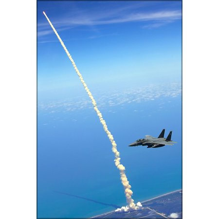 24"x36" Gallery Poster, F-15 Strike Eagle as the Space Shuttle Atlantis launches May 14, 2010, at Kennedy Space Center, Fla