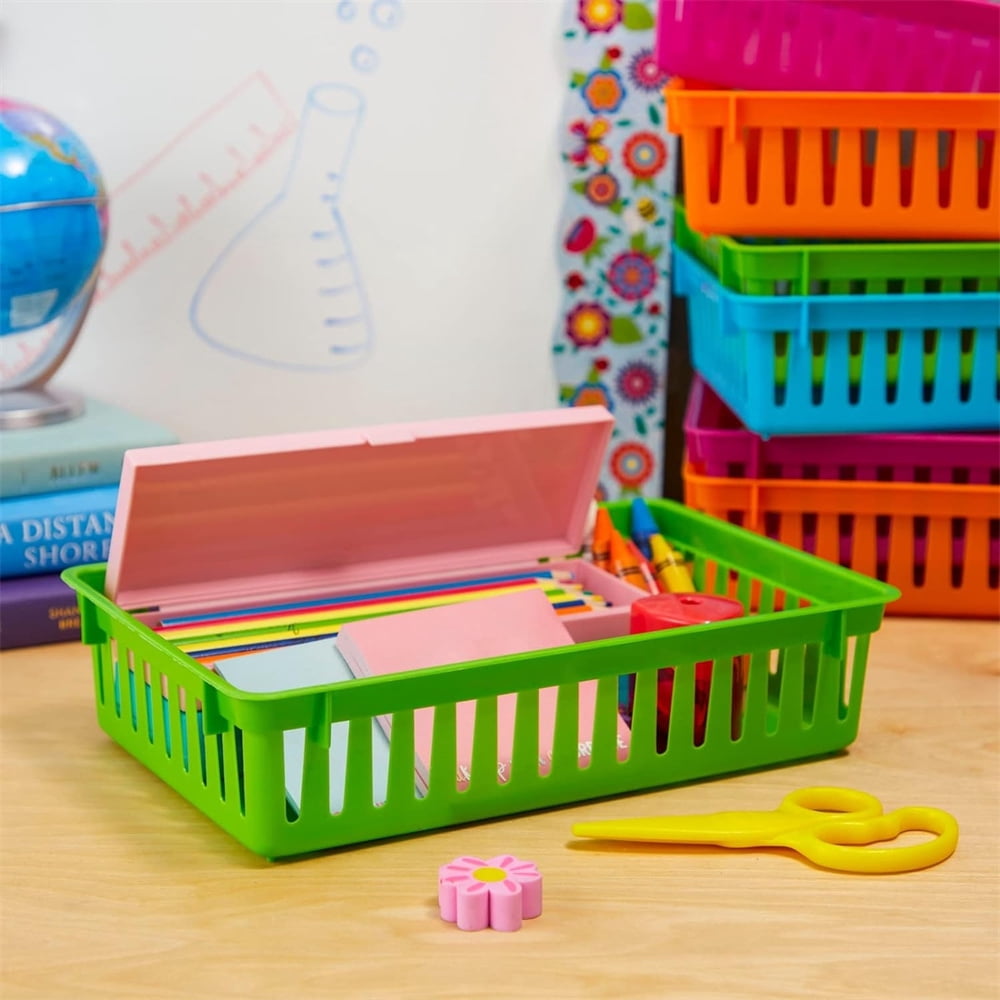 Tutuviw Classroom Storage Baskets Pencil Organizer Bins Plastic Book Baskets Small Plastic Organizer Basket Holder Tray Mesh Bins for Desk Drawer Home Office Organizing(4 Color)