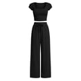 thumbnail image 4 of Women's Summer 2 Piece Matching Lounge Sets Short Sleeve Crop Tops Wide Leg Pants Airport Travel Outfits Black M(M), 4 of 7