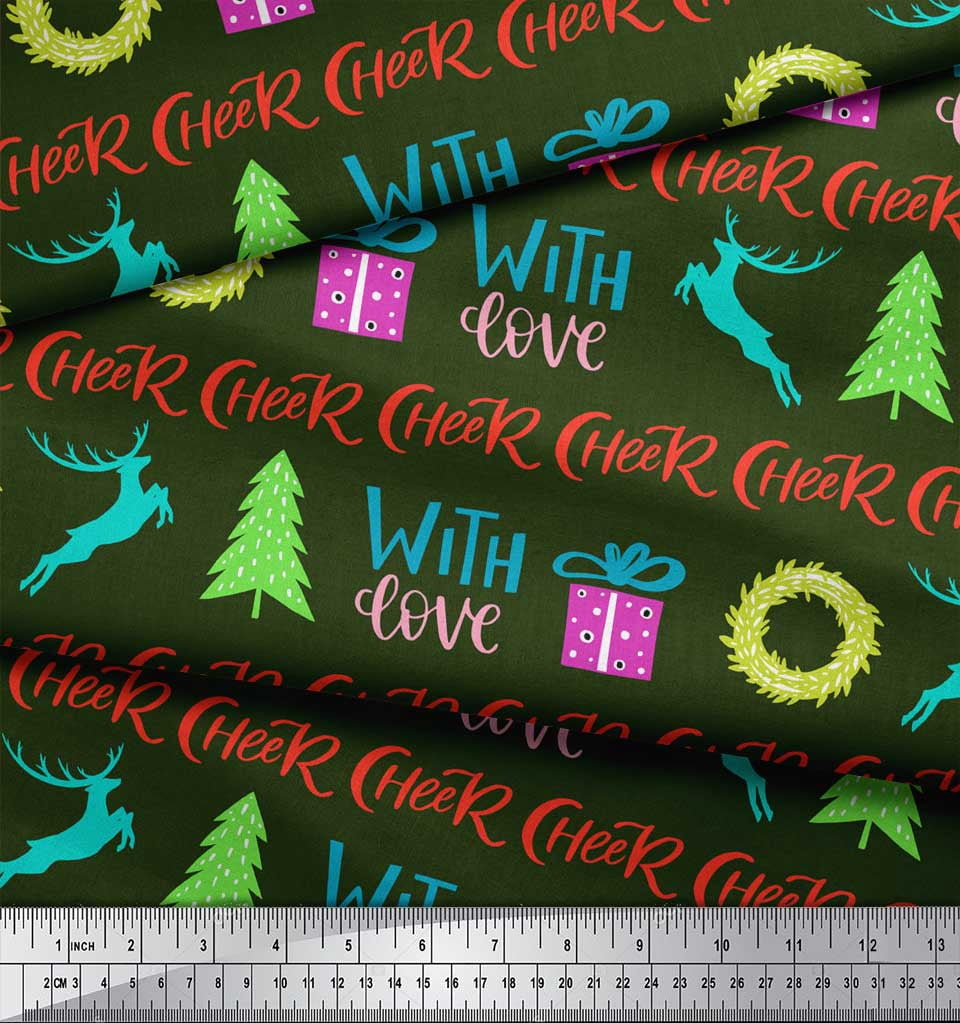 Soimoi Green polyester Crepe Fabric Christmas Tree & Gift Text Print Fabric by Yard 52 Inch Wide