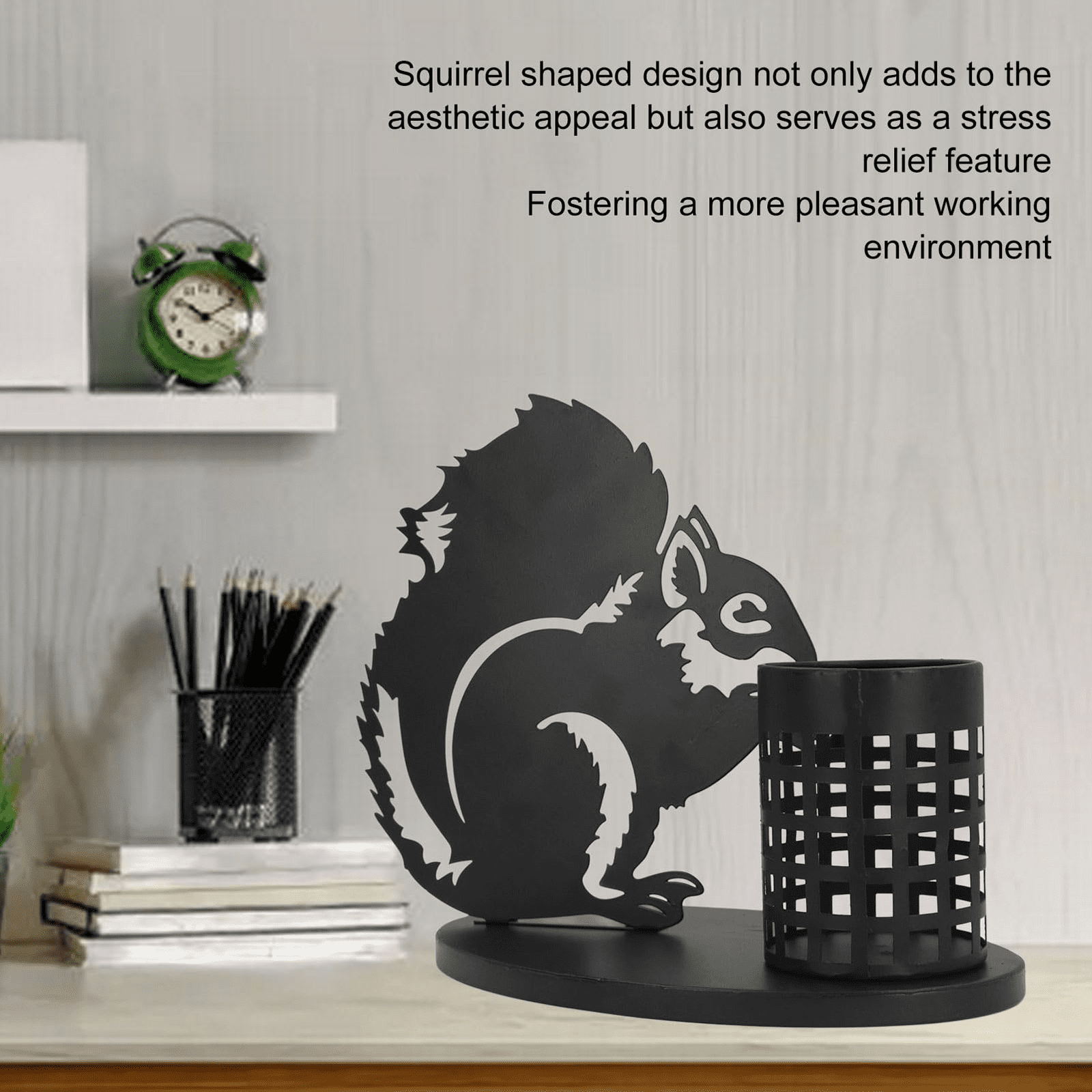 Modern Black Metal Desk Accessories Squirrel Stationery Organizer and Vase for Pencils Markers and Brushes Unique Aesthetic Tabletop Storage with Easy Assembly