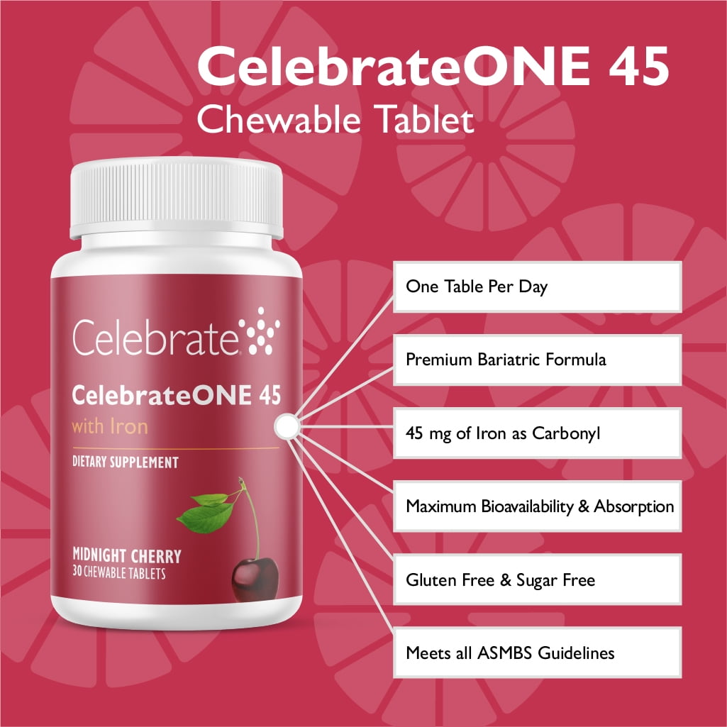 Celebrate Vitamins CelebrateONE 45 Once Daily Bariatric Multivitamin with Iron Chewables, 45 mg of Iron, Midnight Cherry, 30 count