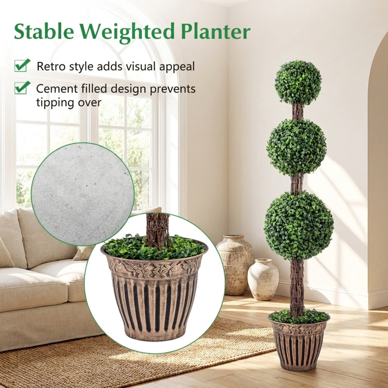 Vebreda Artificial Plant Decor, 4 FT Artificial Triple Ball Boxwood Tree with Cement-filled Retro Planter, Realistic & Inviting Appearance
