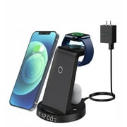 Wireless Charging Station, 3 in 1 Fast Wireless Charging Dock Stand Compatible with iPhone 1 3/12/11, Wireless Charging Dock Stand with Clock for Watch Series & Airpods (with Adapter)