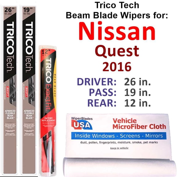 Beam Blade Wipers (Set of 3) w/Rear Wiper compatible with 2016 Nissan Quest