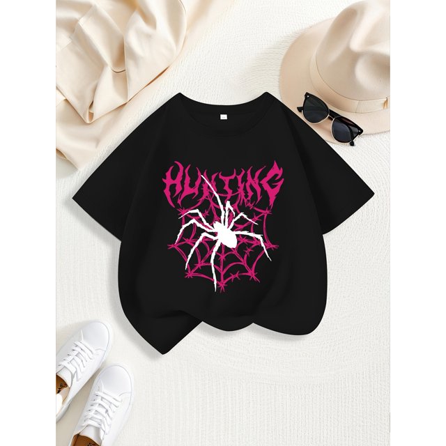 Girl'S Casual Crew Neck T-Shirt with Vibrant Spider Web & "FUN" Print - Soft, Stretchy Fabric, Short Sleeve, Summer Top, Casual Summer Top | Playful Print Top | Comfortable Fit, Ladies