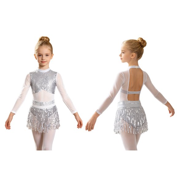 iiniim Girls Sequin Tassel Latin Ballet Dance Leotard Dress Long Sleeve Gymnastic Jazz Chacha Belly Dancewear Silver 16