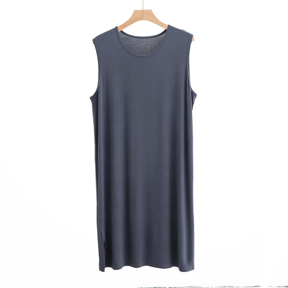 Mens Sleeveless Pajama Tank Tops Lightweight Crewneck Sleepshirts Casual Solid Color Loose Pullover Side Slit Knee Length Loungewear Homewear Robes