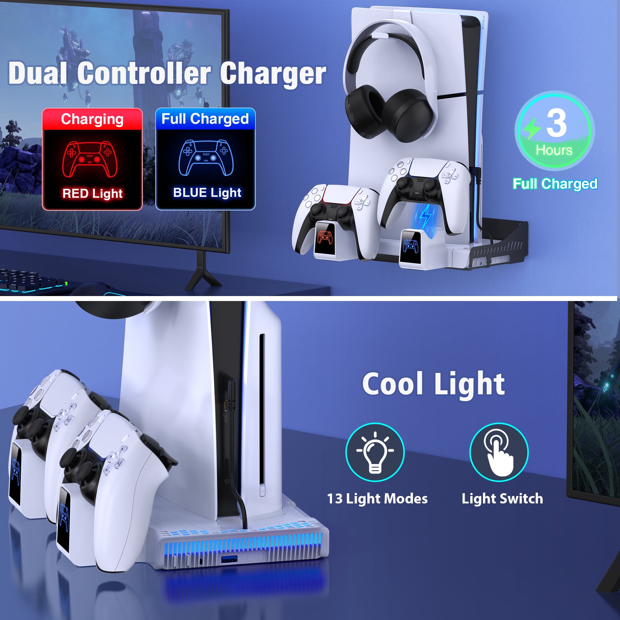 Stand for PS5 with Wall Mount, Vertical Stand with Turbo Cooler Fan/ Light, Cooling Stand for PS5 Slim Disc & Digital Edition/Playstation 5 Console, PS5 Controller Charger/Headset Holder