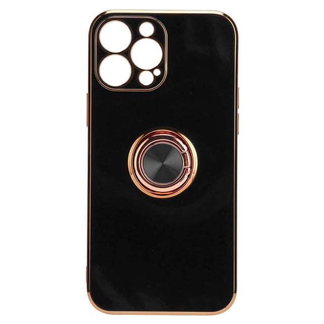 Funda para teléfono para iPhone 13 Pro Max con soporte de anillo chapado en brillo de oro rosa para mujer, funda para teléfono de TPU ultrafina, suave y flexible, negro clásico