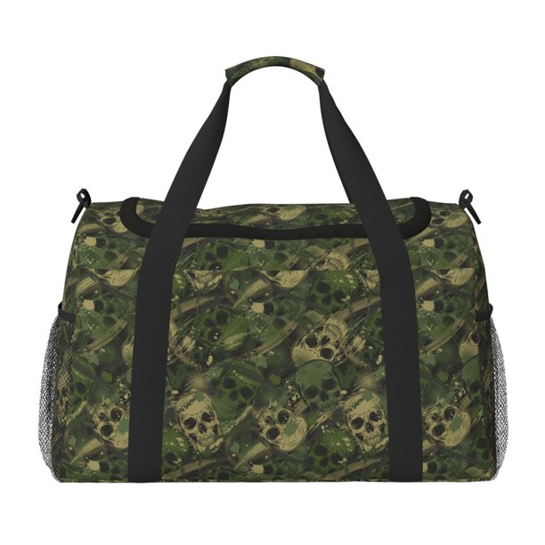 Fotbe Green Camouflage Skull Bolsa de Viaje con Estampado, Bolsa de Fin de Semana para Mujer con Compartimento para Zapatos, Bolsa de Gimnasio con Bolsillo Húmedo