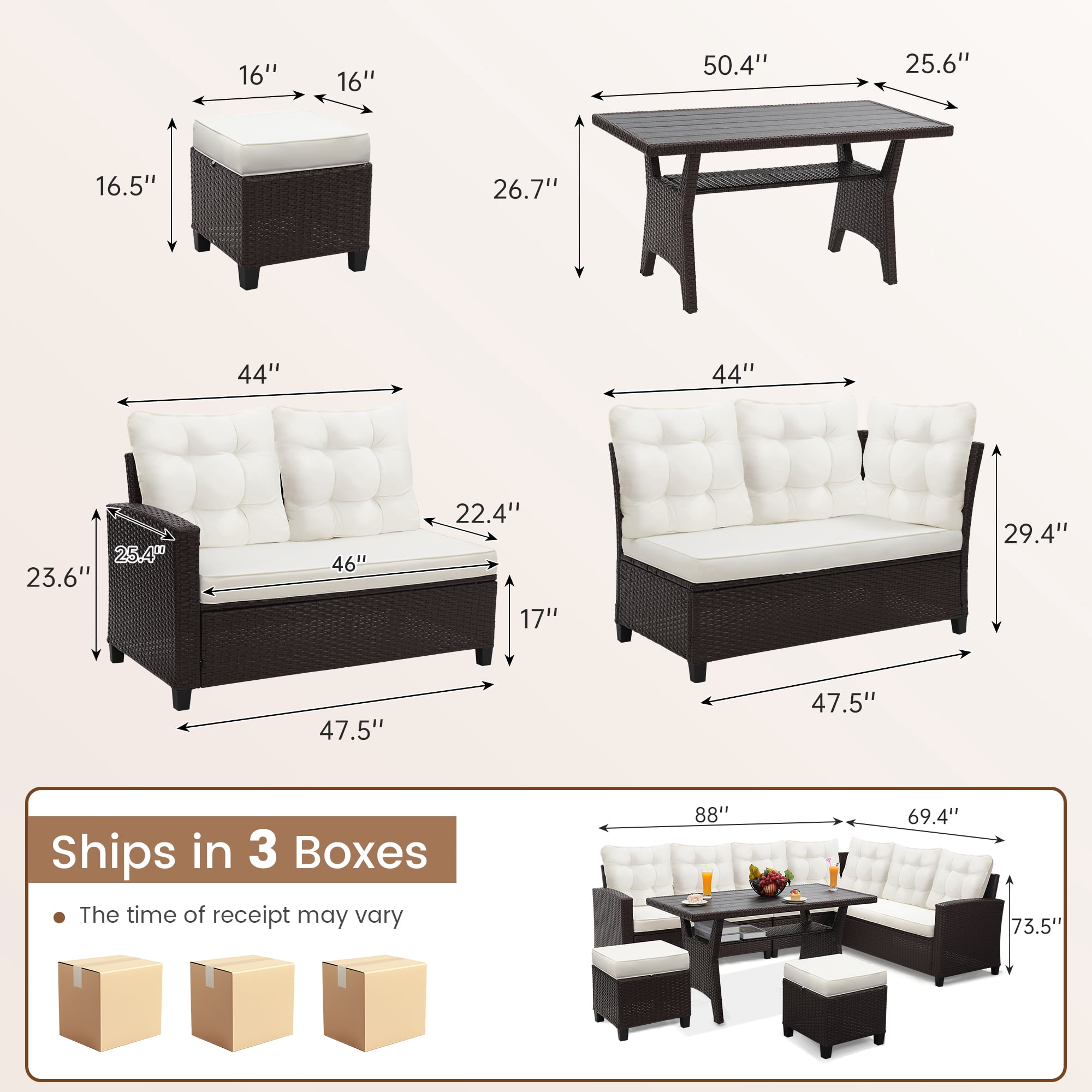 Melocadol 6 Piece Patio Sectional Set, Outdoor Conversation Furniture Set with 2 Sofas, 2 Ottoman, Table, Perfect for Patio, Deck or Poolside, Brown Wicker and Beige Cushions