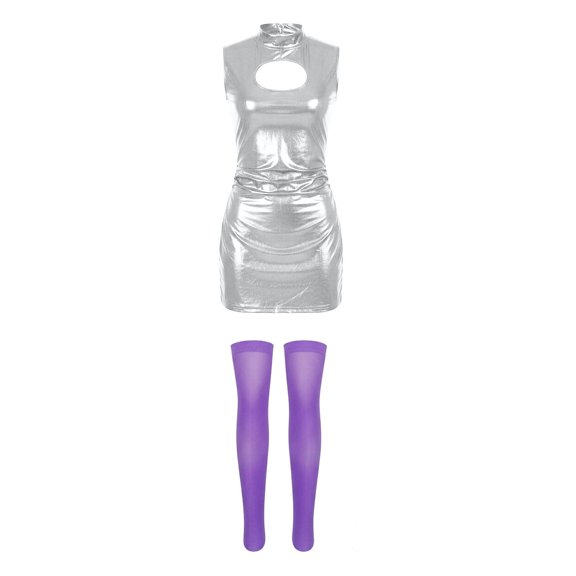 ZHOGXU Womens Metallic Shiny Sleeveless Dress High Neck Cutout Bodycon Party Mini Dresses With Socks For Nightclub Party