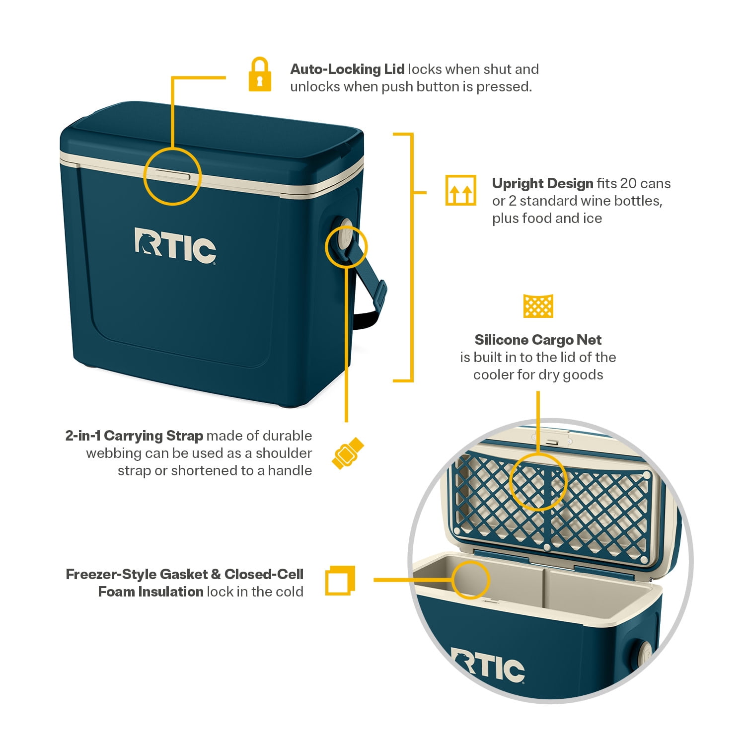 RTIC Road Trip 16 Qt Hard-Sided Cooler, Fits 20 Cans, Marine