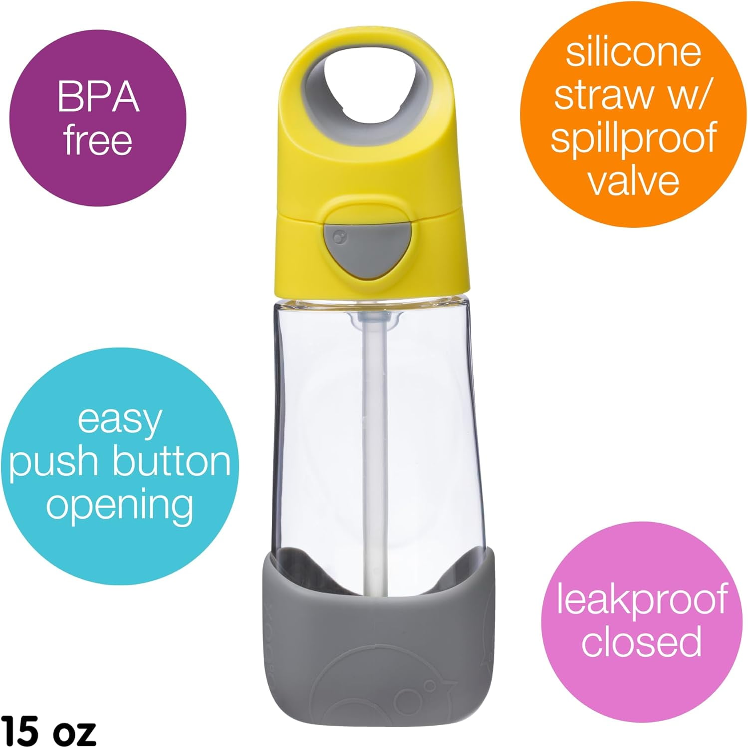 b.box 15 oz Tritan Drink Bottle: Kids Water Bottle w/ Straw & Lid for School, Travel, Daycare. Spill & Leak Proof. Easy Grip Triangle Shape. BPA Free, Dishwasher Safe. Lemon Sherbert
