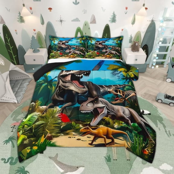Manfei 3D Cartoon Dino Boy Bedding Comforter Set, Jungle Tyrannosaurus Rex Twin Comforter Sets, Ancient Animal Bedding Set, Breathable Bedroom Decor Reversible 2pcs