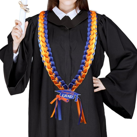 Graduation Leis 2024 Navy Blue and Orange, 2024 Graduation Party Handmade Graduation Leis Congrats Grad Ribbon Lei for High School College Graduation Gift Party