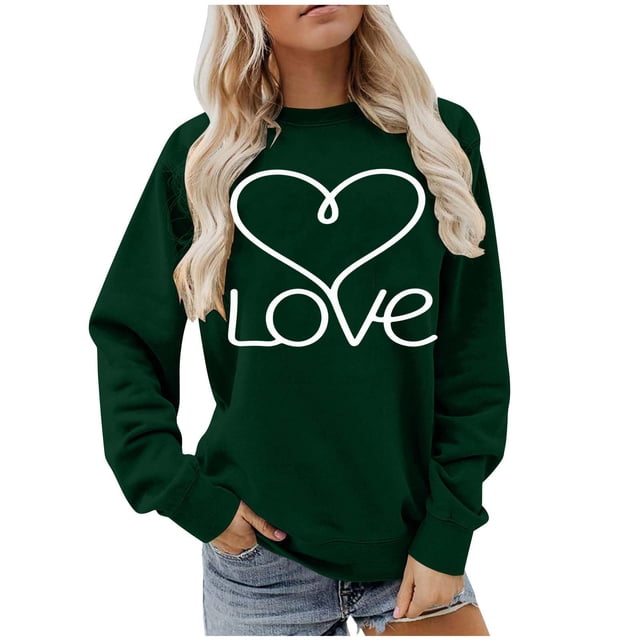 Ounisa Womens Valentines Sweatshirt Love Heart Graphic Print Pullover Casual Long Sleeve Valentine's Blouse Top