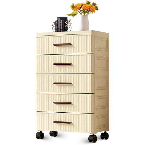 5-Tier Plastic Storage Cart with Wheels, Mobile Drawer Organizer Tower, Rolling Dresser with Pull-Out Bins for Bedroom, Living Room, Entryway & Hallway