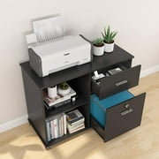Mobile Lateral Filing Cabinet with 2 Lock Drawers, Printer Stand and Open Storage Shelves for Home Office