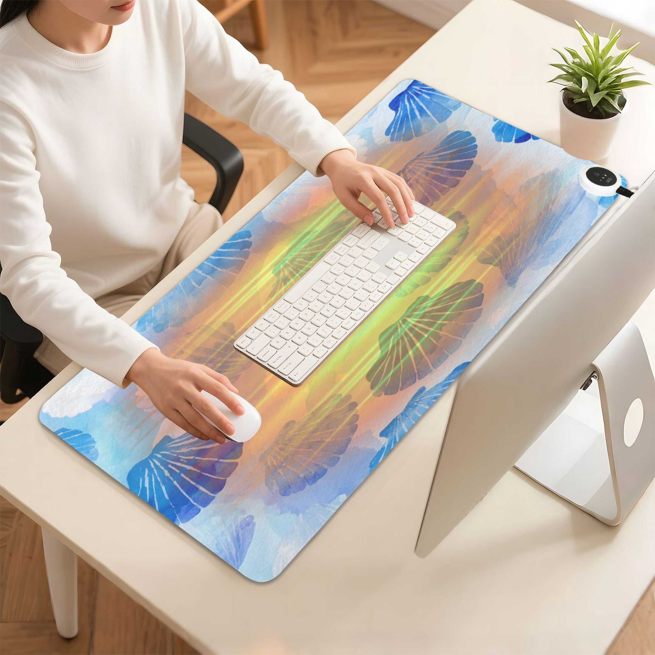 Large Heated Desk Mat Mouse Pad 31.5"x13"PU Leather Graphene Heating Desk Warmer with 3 Temperature Settings 110V US Plug Non-Slip Warm Pad for Home, Office, and Gaming Blue Scallop Shells Watercolor