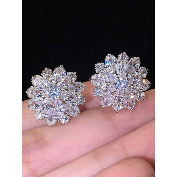 Floral Cubic Zirconia Stud Earrings Silver 1 Pair