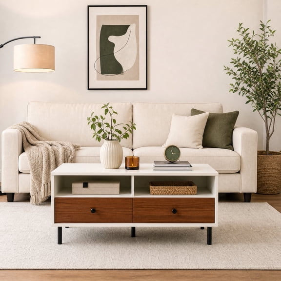 40" Rectangle Coffee Table with Storage Shelf and 2 Drawers, Modern Wood Center Table Cocktail Table for Living Room
