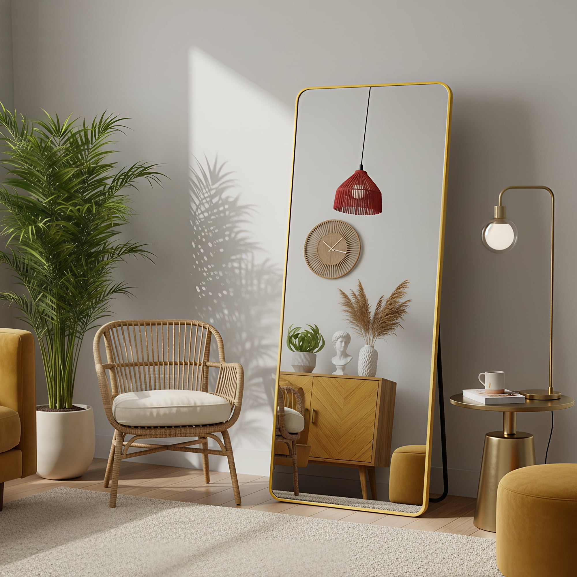 MAYEERTY Gold Rounded Corner Full Length Mirror, Wall Mount or Freestanding for Bedroom/Living Room, 71" × 32"