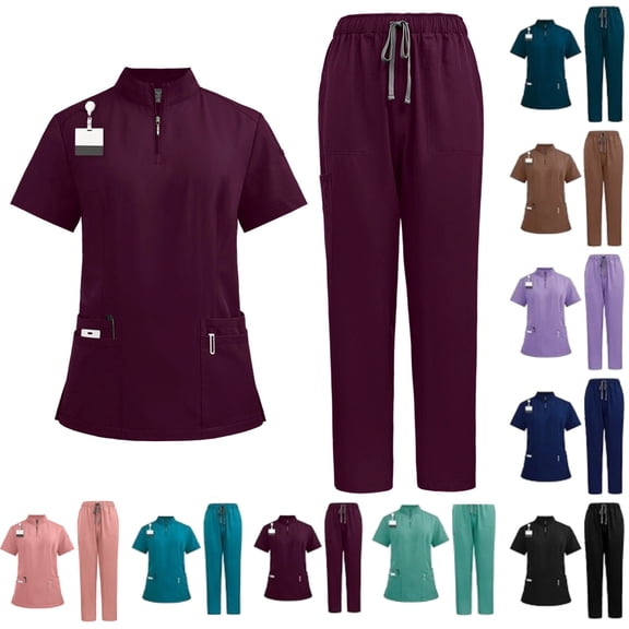Scrubs for Women Set-Zipper Collar Top & Straight Pants Scrubs Set Workwear Nurse Nursing Uniforms,Wine XXL