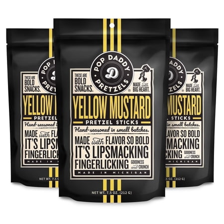 Pop Daddy Flavored Pretzels Sticks, Gourmet Pretzels Snacks, 7.5oz Individual Bags, 3 Pack, Yellow Mustard