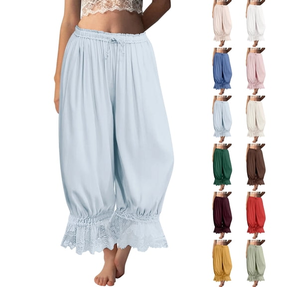 Cropped Pants for Women High Waisted Lace Ruffle Wide Leg Pants Summer Lounge Cute Boho Beach Travel Pant Light Blue L