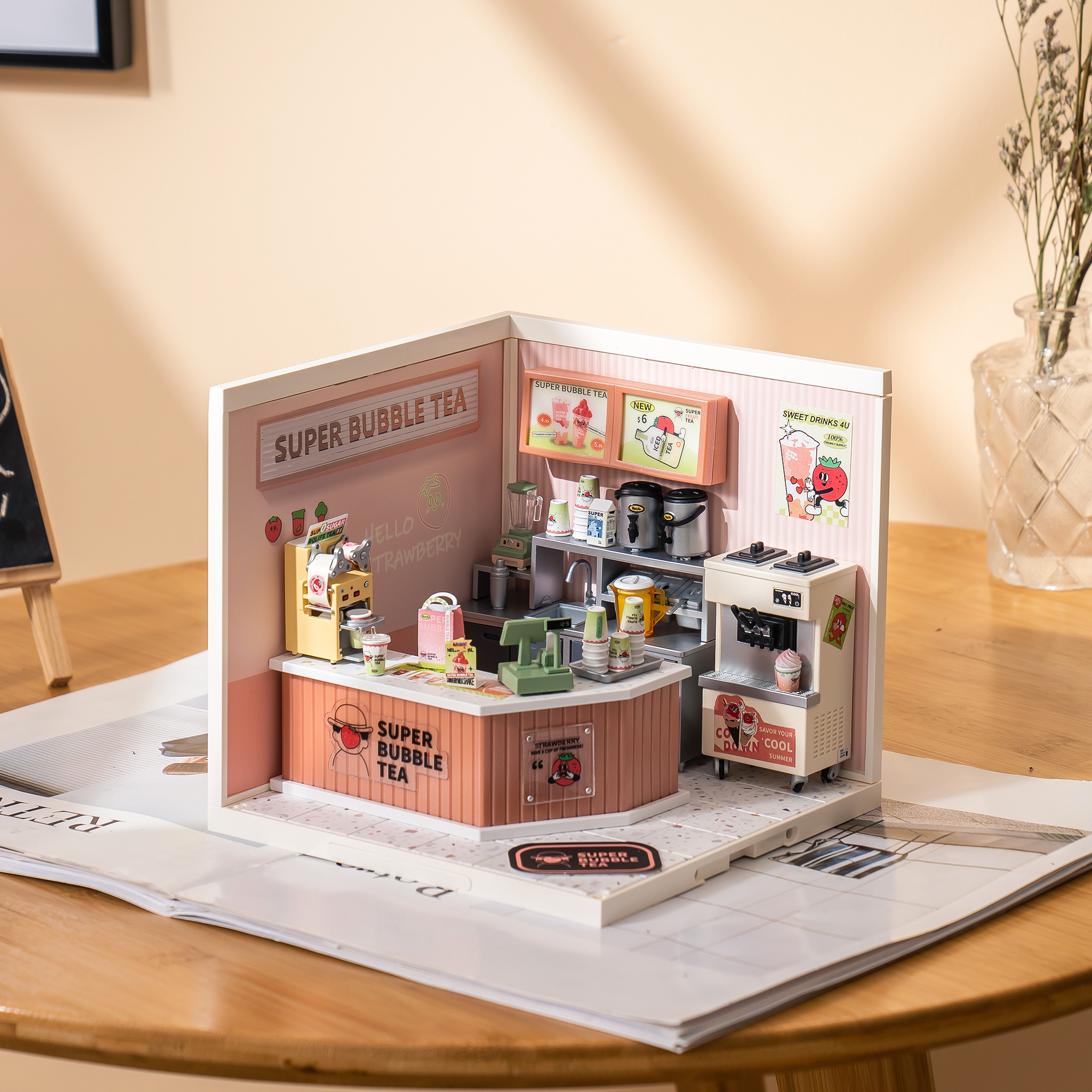 ROBOTIME Super Creator DIY Miniature House Kit,Tiny Home Craft Kits with LED,Mini Dollhouse Building Set,Gifts for Teens Adults(Double Joy Bubble Tea)