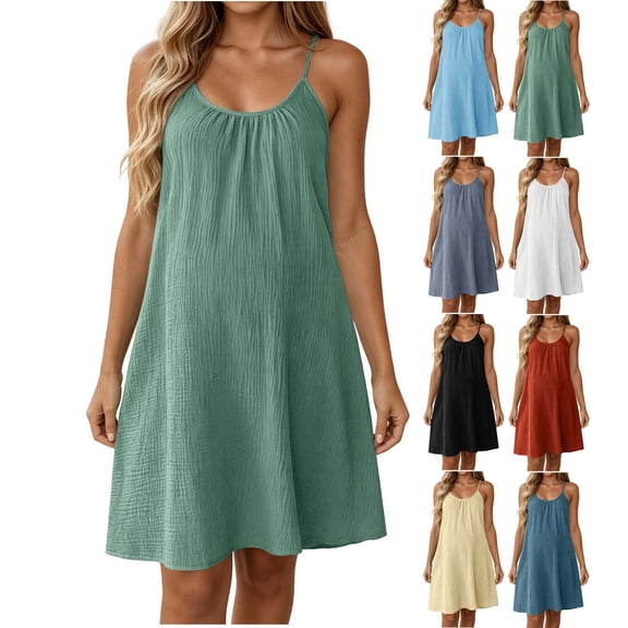 Nmnitkp Women's Crinkle Cotton Spaghetti Strap Dress, Adjustable Straps Round Neck Loose Sleeveless Mini Dress, Casual Summer Beach Coverup for Vacation & Daily Wear Green,S