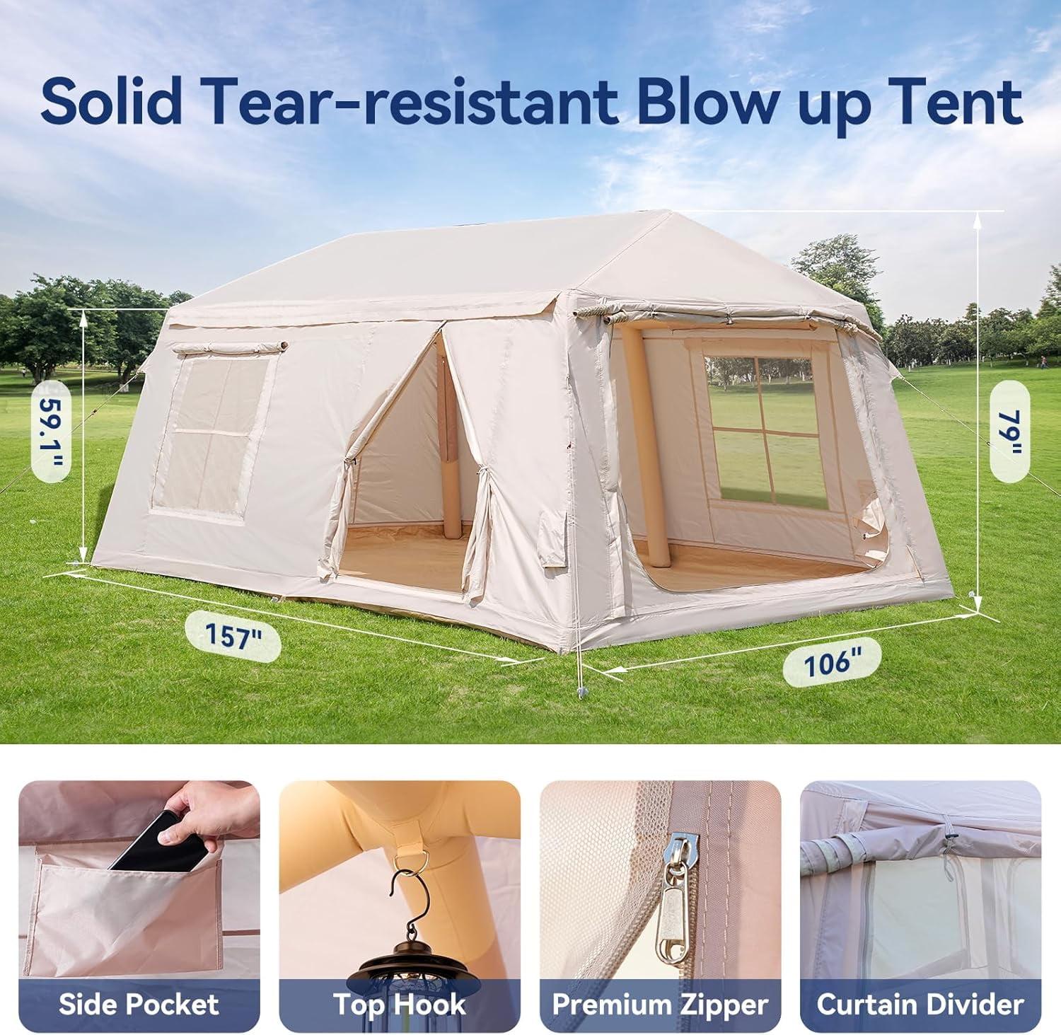 Slsy Inflatable Tents for Camping, Blow Up Tent with Hand Pump, Easy Setup Inflatable Hot Tent with Stove Jack, Waterproof Oxford Air Glamping Tents for Camping Adult 8-10 Person