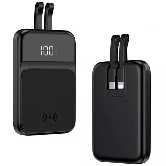Dexqynl Magnetic Power Bank, 10000mAh Portable Charger with 2 Built in Cables and LED Display, with Stand 20W PD Fast Charging, Travel Essentials,Compatible with iPhone, Samsung, Black