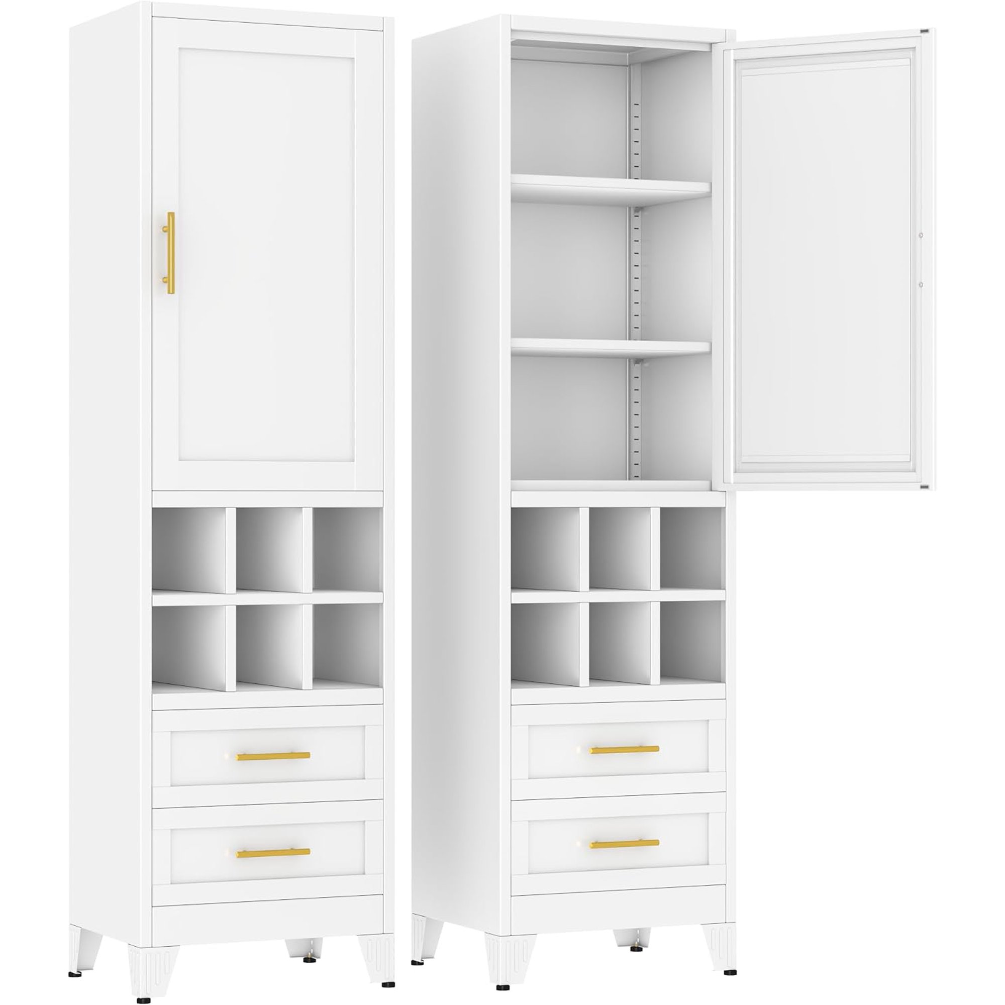 Metal Tall Narrow Storage Cabinet Freestanding Floor Cabinet with Drawers and Adjustable Shelves Pantry Storage Cabinets for Bathroom Living Room Entryway and Kitchen White