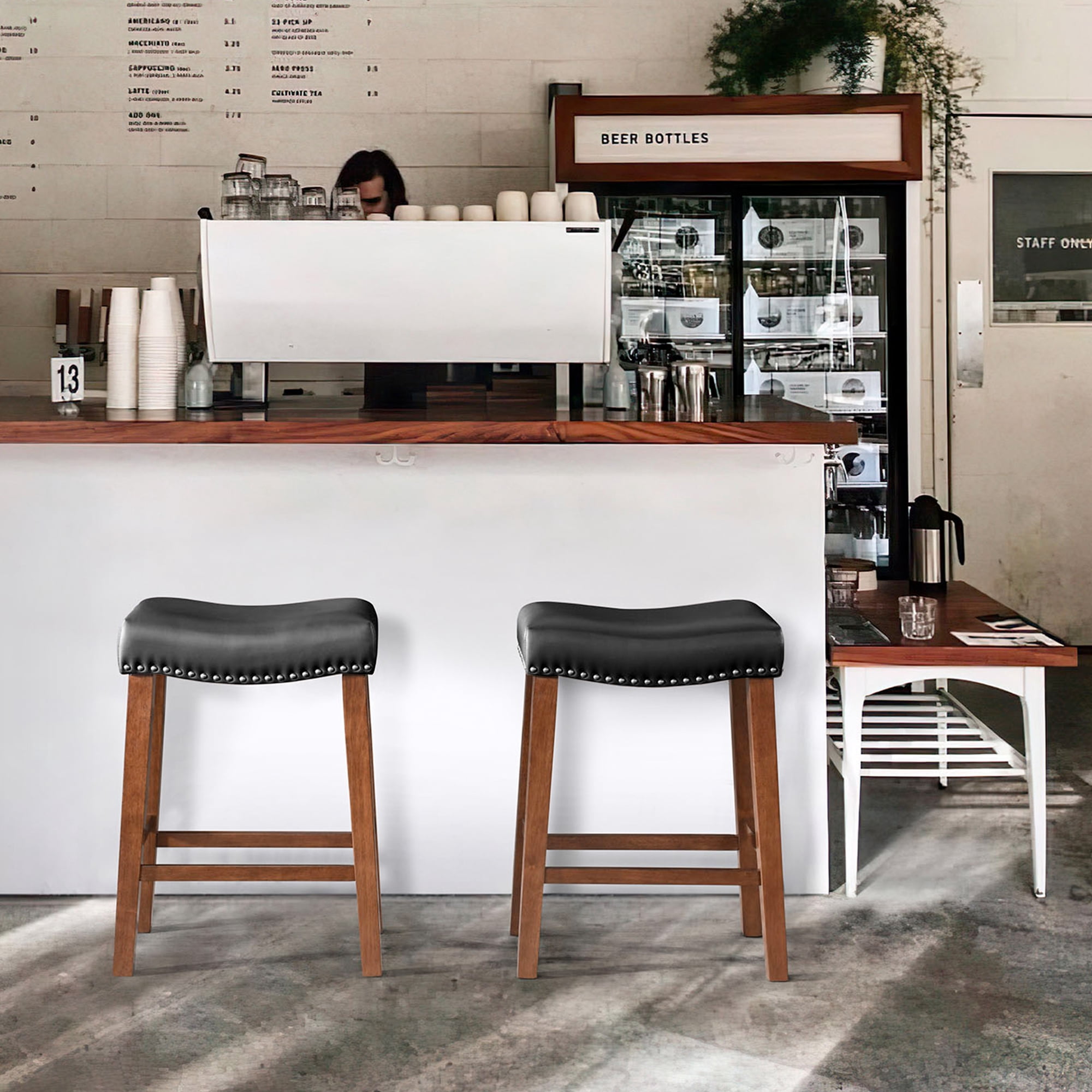 TrumanPick 24" Bar Stools Set of 2 Counter Height Stools Modern Saddle Barstools for Kitchen Island Leather Bar Chairs, Black