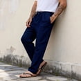 thumbnail image 4 of Domuza Men's Casual Linen Pants Summer Beach Trousers Loose Fit Straight-Legs Elastic Drawstring Waist Yoga Trousers Dark Blue M, 4 of 5