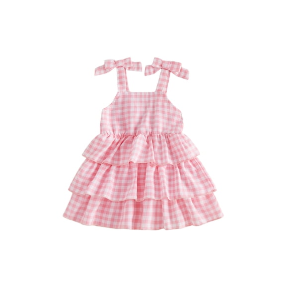 BemeyourBBs Toddler Baby Girl Pink Plaid Gingham Summer Dress Cute Little Girl Sundress Casual Layered Hem Plaid Print Cute Bow Sleeveless Dress Clothes