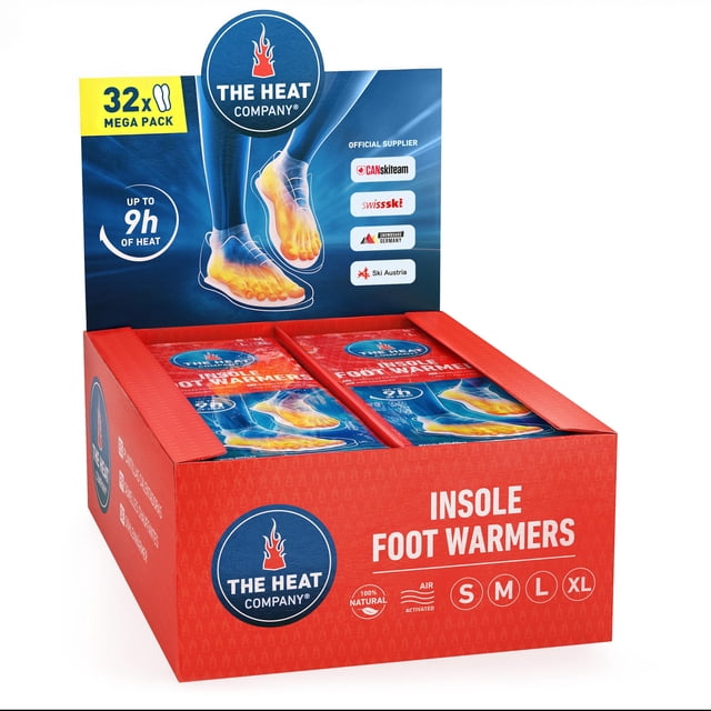 THE HEAT COMPANY Calentadores de pies con plantilla - 32 pares - 9 h de calor extra - Calor instantáneo - Calentadores de pies activados por aire - Puramente natural - Calentadores de dedos para pies