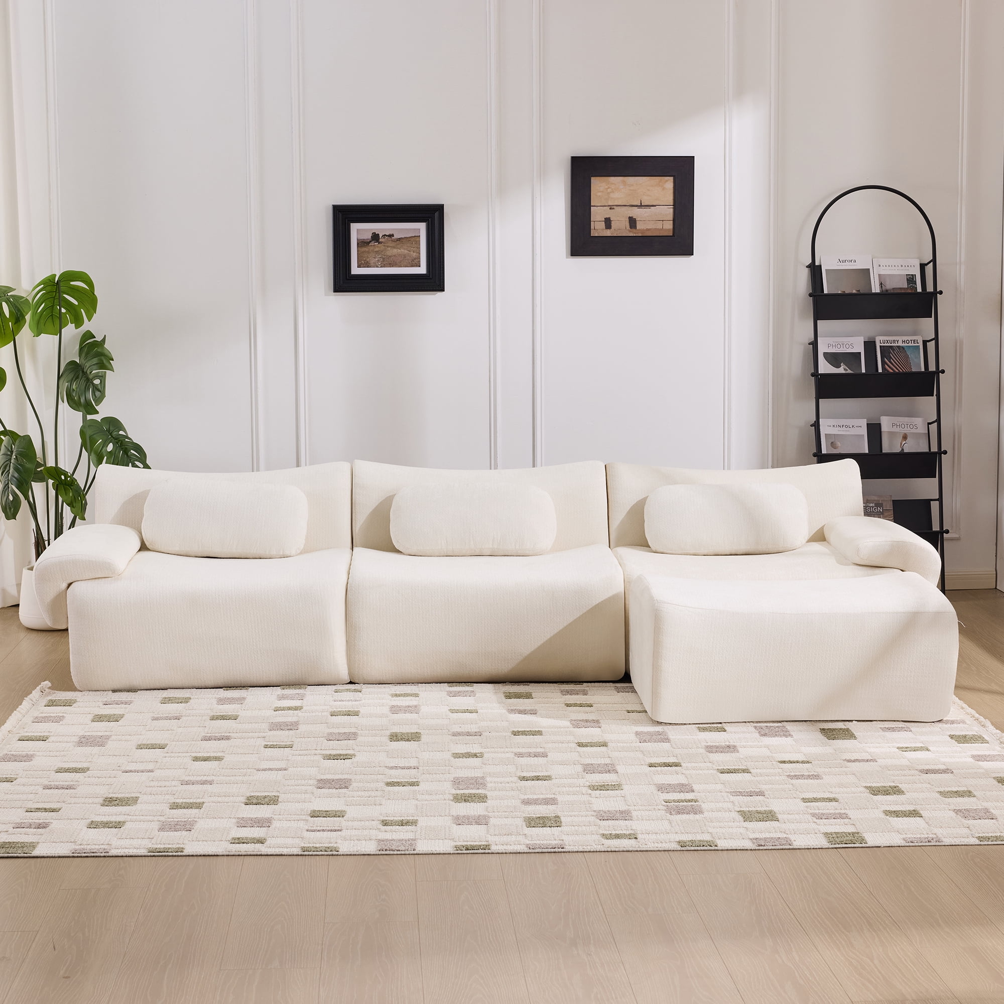 BSHTI 107.9" Chenille Sectional Sofa with 3 Pillows, Comfortable L Shaped Sofa with Premium Fabric and Modern Design for Living Room(White)