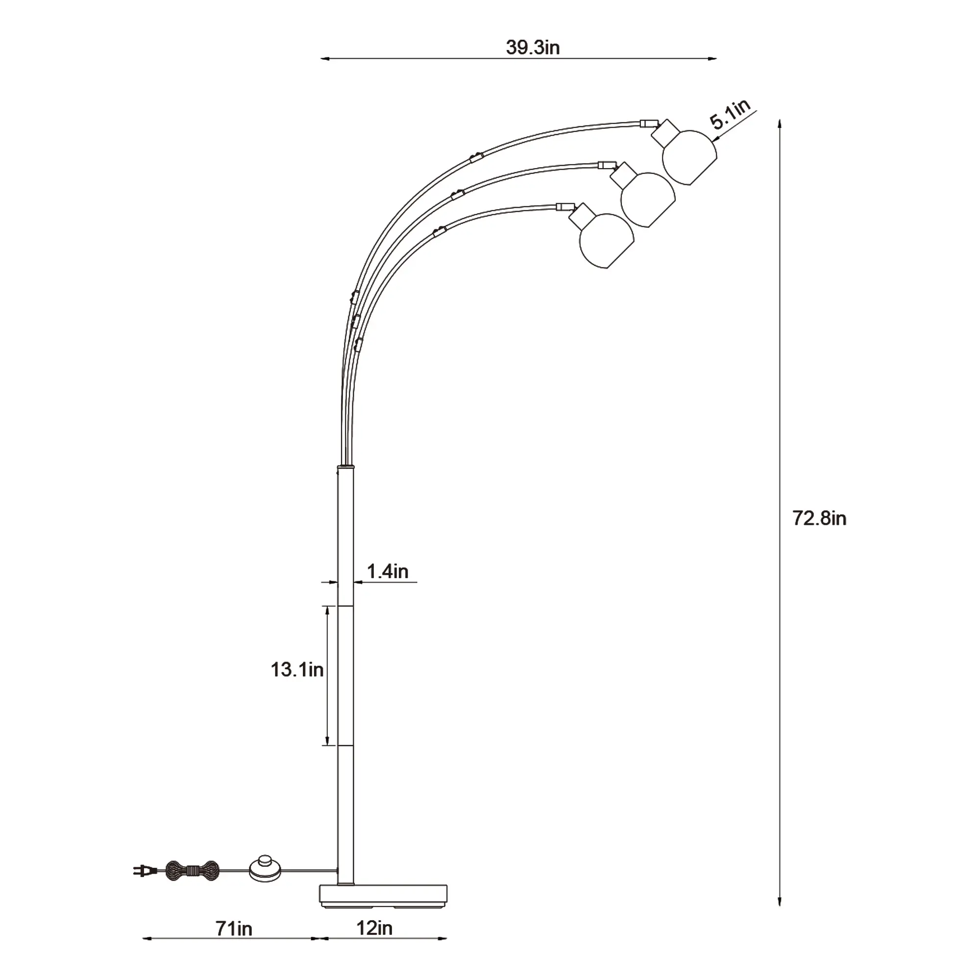 72.8in 3-Light Arc Floor Lamp Brushed Gold , Modern Industrial Standing Tree Lamp for Living Room Bedroom Office Decor