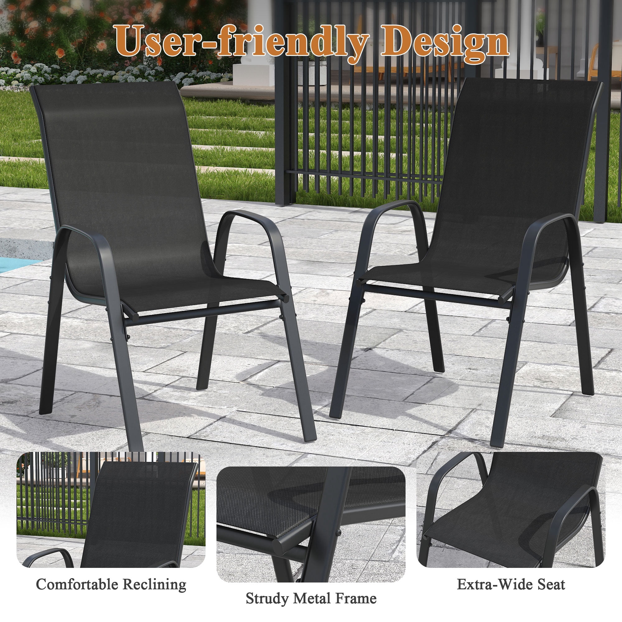 Vicllax Stackable Patio Dining Chairs Set of 6 , Modern Textilene Outdoor Chairs with Metal Frame for Garden, Backyard, Poolside,Black&Gray&Brown