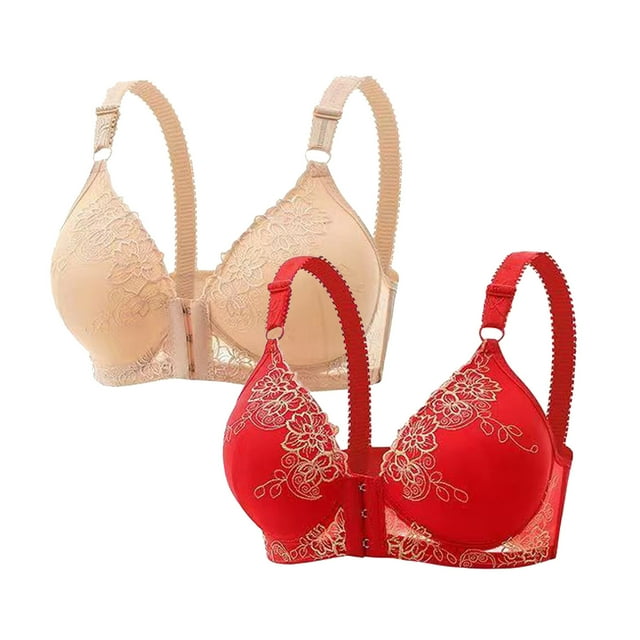 DecSea 2PC Women's Large Lace Breathable Front Opening Bra Wrapped Up Cup Side Fold Breast Lift Bra