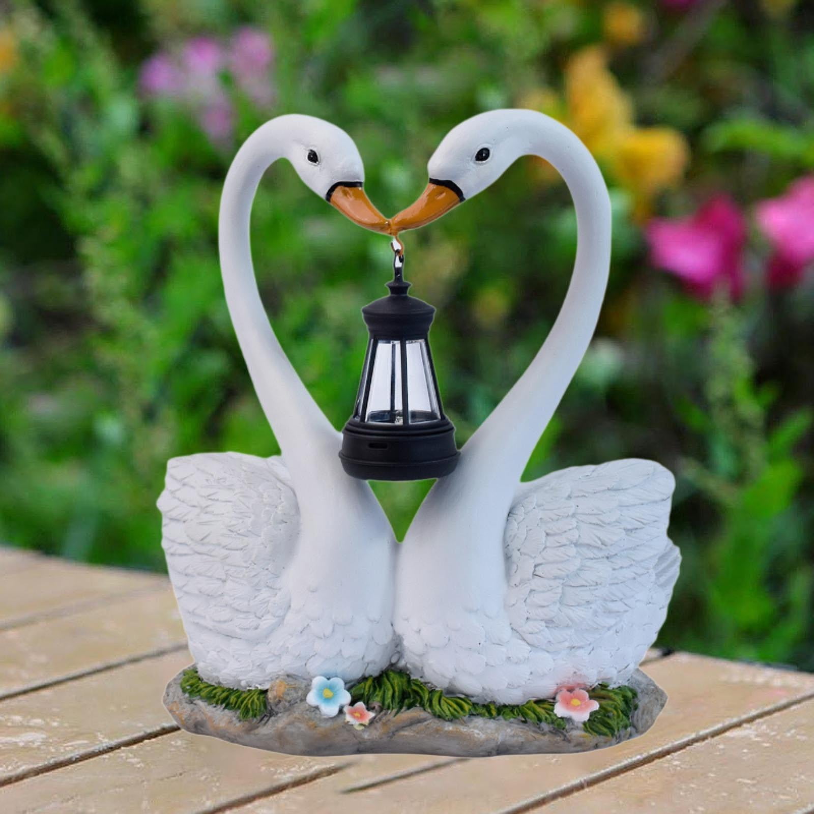 simhoa Swan Garden Statue Animal Figurine with Solar Lantern Gift Modern Garden Decor Resin Sculpture Ornament for Outside Courtyard