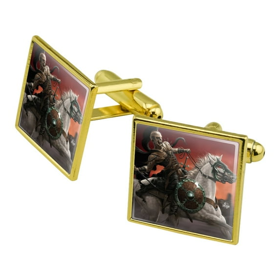 Dark Undead Skeleton Warrior Rider Fantasy Square Cufflink Set - Silver or Gold