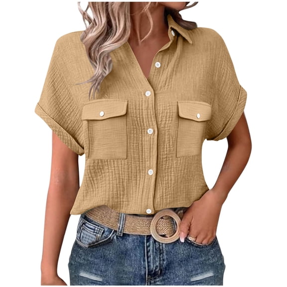 OGLCCG Womens Gauze Shirts Casual Short Sleeve Textured Collared Button Down Dress Shirts Lightweight Summer Work Blouse,XL,Khaki